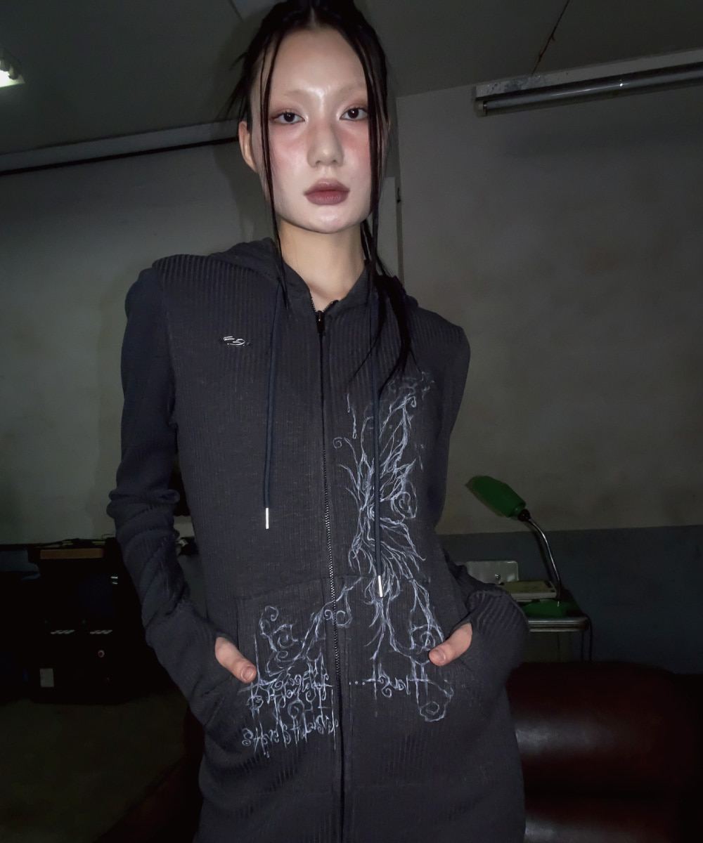 Knitted long hoodie zip-up (Charcoal) - hug your skin